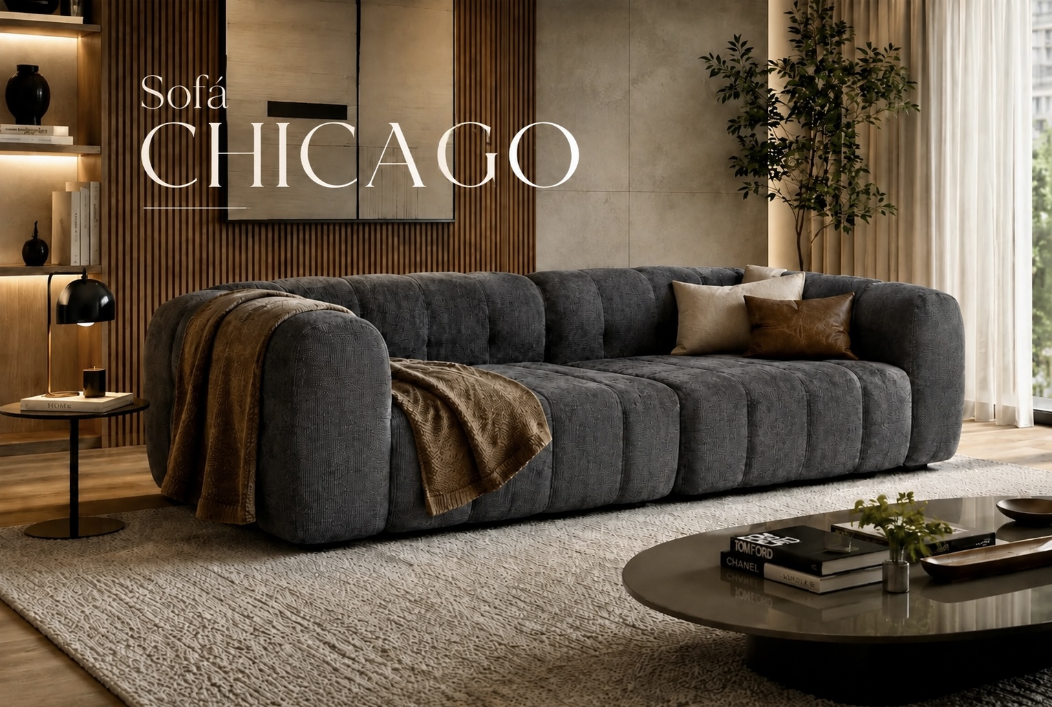 Sofá Chicago — 270 cm, silhueta baixa em gomos.